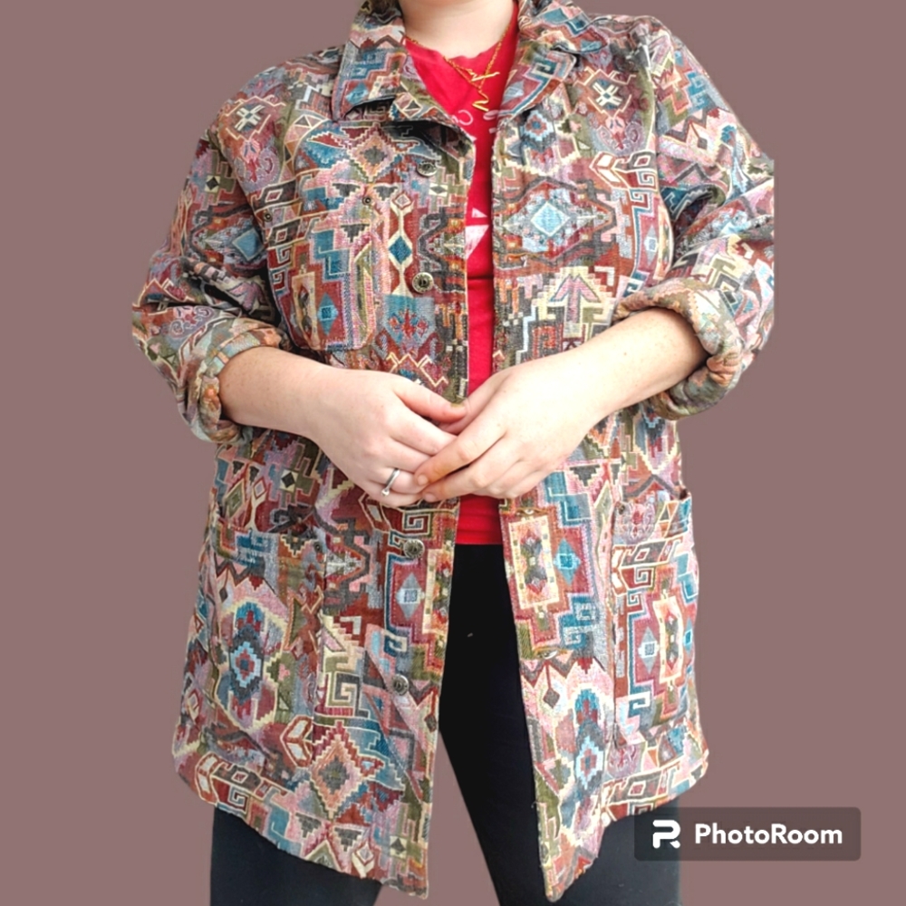 Vtg 90s Carole Little Southwestern Oversized Tapestry Shacket Jacket - Picture 1 of 10